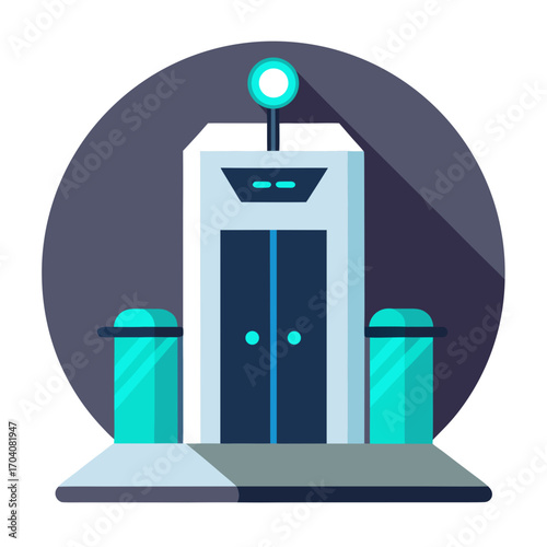 Futuristic elevator entrance with teal accents building