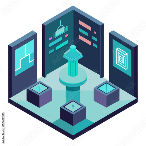 Futuristic exhibition hall with interactive displays