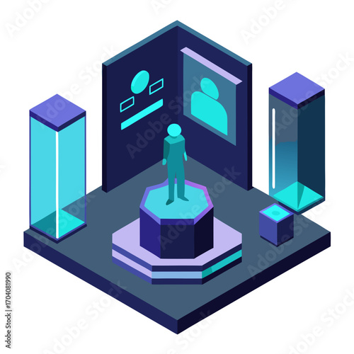 Futuristic interactive display with holographic figure