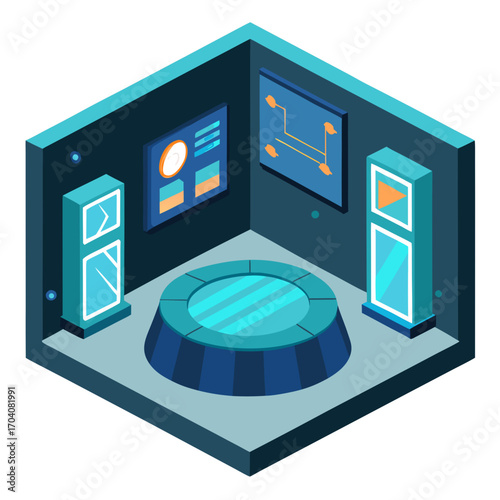 Futuristic exhibition room interactive displays vector