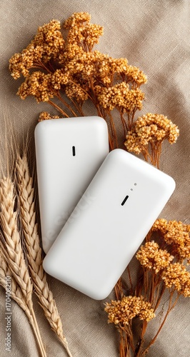 Two white rectangular devices, possibly portable chargers, rest on a beige linen surface amidst dried golden flowers and wheat stalks