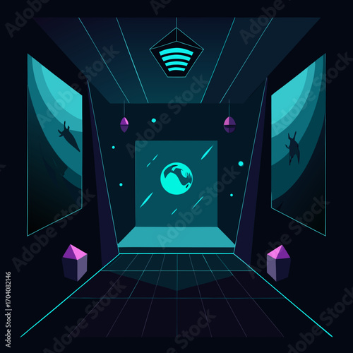 Futuristic room with glowing art dark room projection