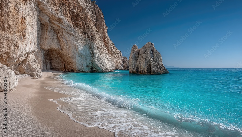 Fototapeta premium Pristine beach with turquoise water and dramatic cliffs