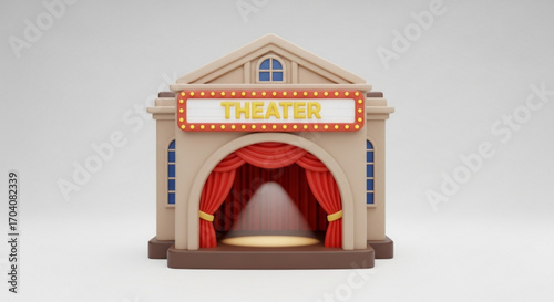 A charming 3d rendering of a miniature theater with red curtains and a marquee sign, a delightful scene for entertainment