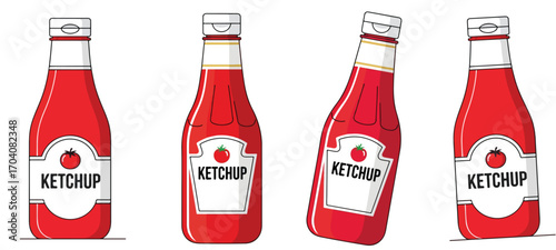 A group of four ketchup bottles with white labels and red sauce on a white background illustration
