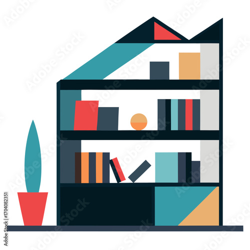 Geometric bookshelf with books and plant shelves