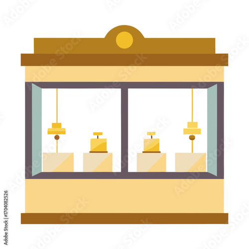 Golden display case with hanging lamps shop interior