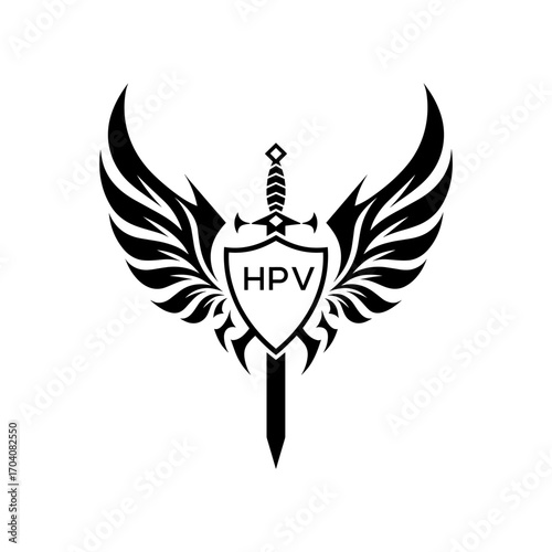 HPV  "Warrior Shield and Sword Emblem with Wings Logo," HPV Later Logo,  "Black Tribal Winged Sword Crest Vector," 
