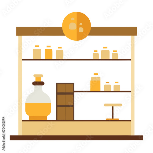 Golden liquid bottles on shelves interior display