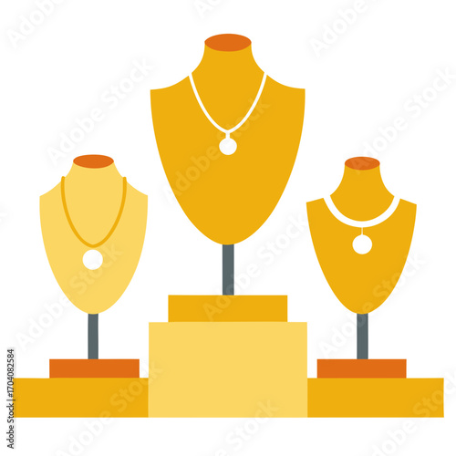 Golden necklaces on display stands jewelry
