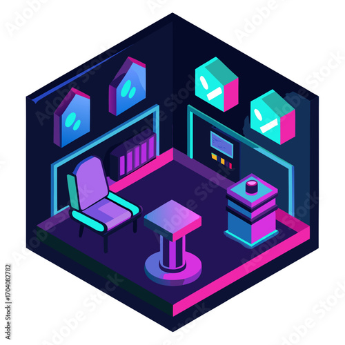 Isometric gaming room neon lights virtual reality neon lighting