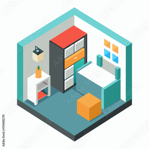 Isometric room with furniture interior cabinet