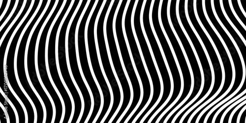 Black and white abstract background. Waves shape decoration. Optical illusion stripes style. Modern graphic design element with distorted lines concept for web, poster, flyer, card cover, or brochure