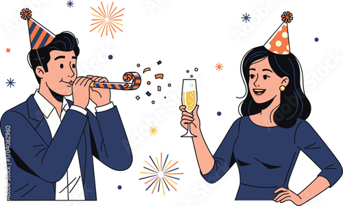 Celebration party, man and woman, wearing party hats, blowing party horn, holding champagne glass, festive atmosphere, confetti, joyful moment, event celebration, happy people