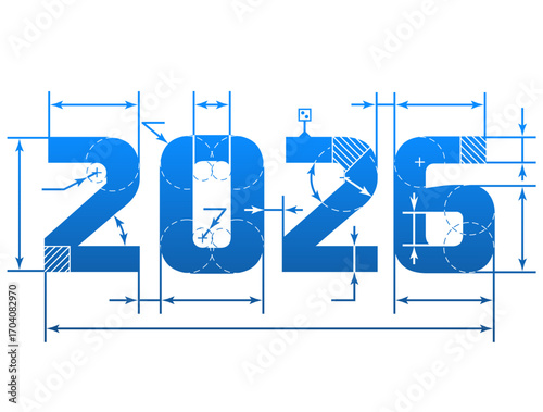 New Year 2026 number with dimension lines. Element of blueprint drawing in shape of 2026 year. Vector design element for new years day, christmas, winter holiday, engineering, new years eve, etc