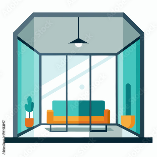 Modern apartment interior with glass walls sofa