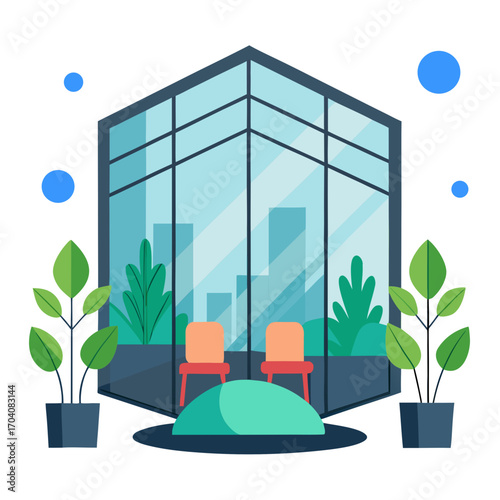 Modern glass building interior with plants lobby