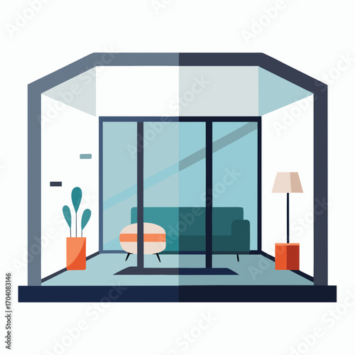 Modern glass apartment interior with sofa and lamp
