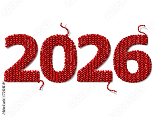 New Year 2026 of knitted fabric isolated on white. Fragments of knitting in shape of number 2026. Vector design element for new years day, christmas, winter holiday, new years eve, silvester
