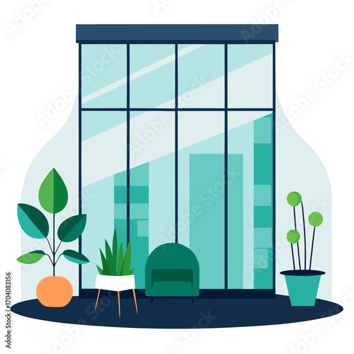 Modern interior with glass walls and plants lobby