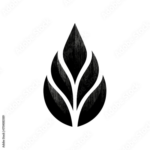 Creative minimalist logo design of a black textured leaf-like flame, symbolizing natural energy, growth, and purity on a white background
