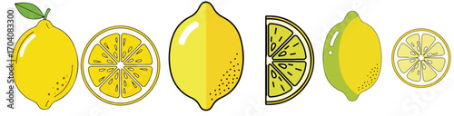 Illustration of Lemons Whole and Sliced on White Surface