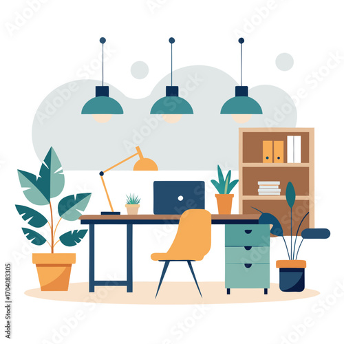 Modern office desk with plants and shelving chair laptop