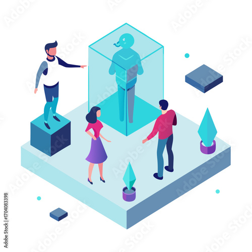 People interacting with holographic display technology