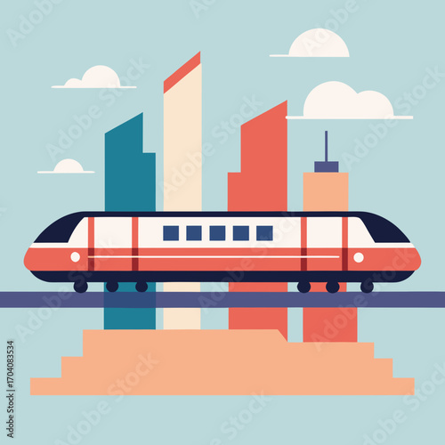 Red white blue train city skyline monorail transportation
