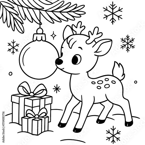 Cute cartoon reindeer with gifts and ornament under Christmas tree branches, black and white