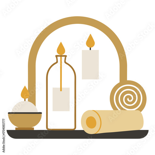 Spa relaxation objects with candles and towels oil bottle