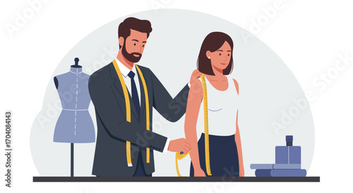 Tailor measuring young woman's size with tape measure in fashion studio, professional and friendly atmosphere