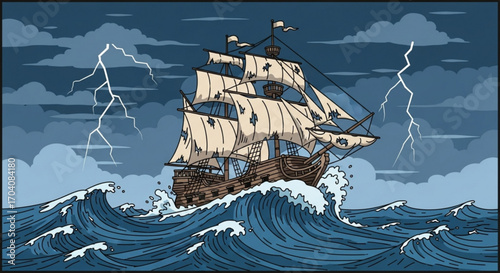 A vintage sailboat navigates a stormy sea with lightning striking in the background, creating a dramatic and adventurous scene with a sense of danger and excitement