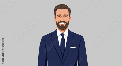 Smiling man in a stylish navy suit with tie and pocket square, confident and professional demeanor