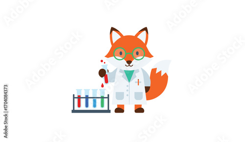 Joyful Fox Cartoon Scientist Whimsical Vector Illustration of a Clever Animal in a Lab Conducting Experiments