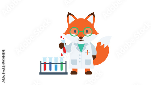 Clever Fox Cartoon Scientist Conducting Experiments in a Bright Laboratory - Whimsical Learning and Innovation in Science