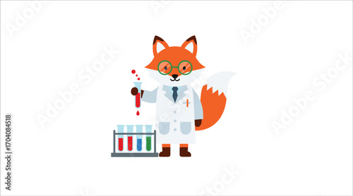 Clever Fox Cartoon Scientist Whimsical Vector Illustration of a Joyful, Smart Animal in a Lab Coat Conducting Science Experiments