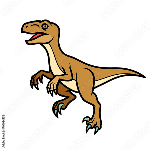Cartoon illustration of a brown velociraptor dinosaur with sharp claws.