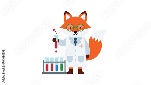 Joyful Fox Cartoon Scientist Whimsical Vector Illustration of a Clever Animal in a Laboratory Setting, Conducting Experiments and Research in Science, Education, and Discovery