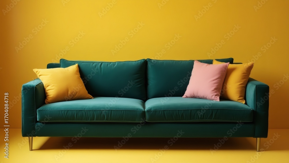 Fototapeta premium Emerald velvet sofa against a vibrant yellow backdrop, adding comfort.