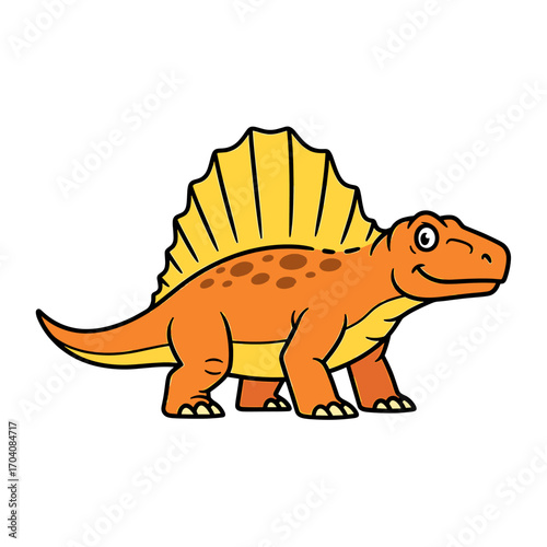 Cartoon illustration of a friendly orange Dimetrodon dinosaur with a large yellow sail on its back, smiling.