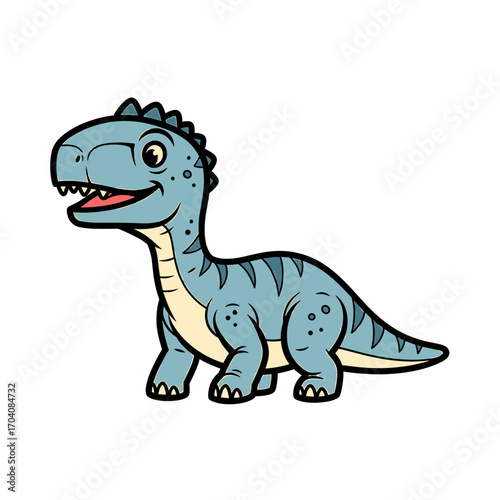 A cute, smiling blue baby dinosaur cartoon character with stripes, isolated on a white background.