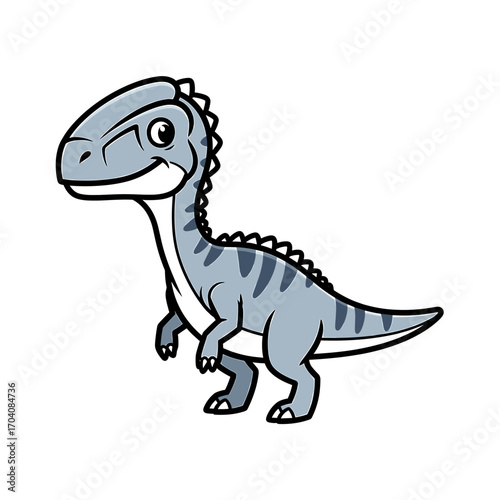 A cute cartoon illustration of a light blue dinosaur with gray stripes and a spiky crest on its head.
