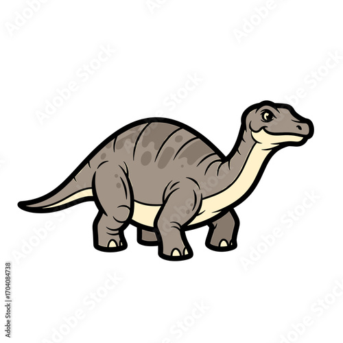 Cute cartoon long-necked dinosaur illustration with a friendly smile, depicted in a simple, graphic style on a white background.