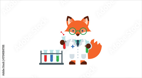 Clever Fox Cartoon Scientist Conducting Experiments in a Laboratory, Whimsical and Joyful Learning Environment