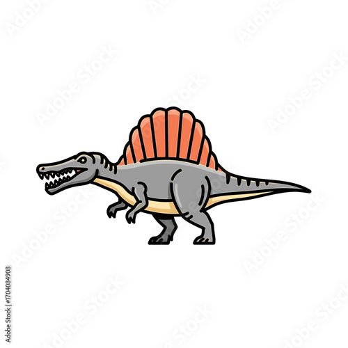 A cartoon illustration of a Spinosaurus dinosaur with a prominent orange sail, depicted in a side profile view on a white background.