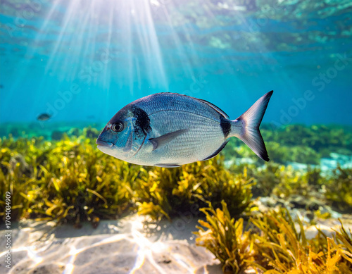 Gilthead Seabream Swimming in Clear Turquoise Water with Sun Rays and Seaweed