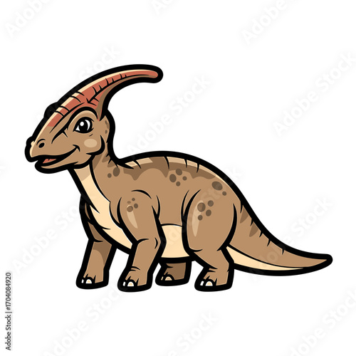 Cute cartoon Parasaurolophus dinosaur with a distinctive head crest, smiling and standing on a white background.