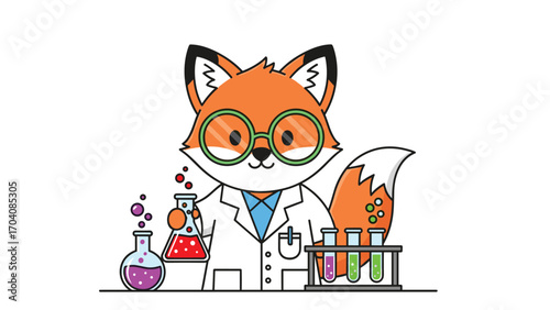 Clever Fox Scientist in Laboratory Conducting Whimsical Experiments with Beakers and Tubes - Joyful Learning and Discovery