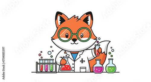 Clever Fox Cartoon Scientist Conducting Experiments in a Bright Laboratory – Innovation in Learning and Research